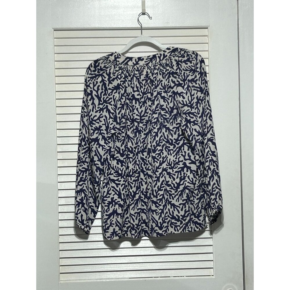 Lilly Pulitzer Women's White Navy Blue Silk Coral Elsa Blouse Top Size L 3083 - Picture 10 of 12